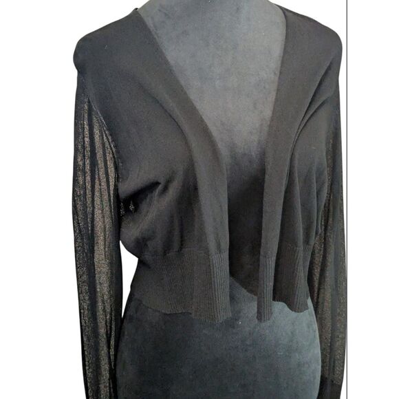 EILEEN FISHER Cropped Cardigan M Sheer Knit Italian Yarn Black Quiet Luxury - Picture 2 of 6